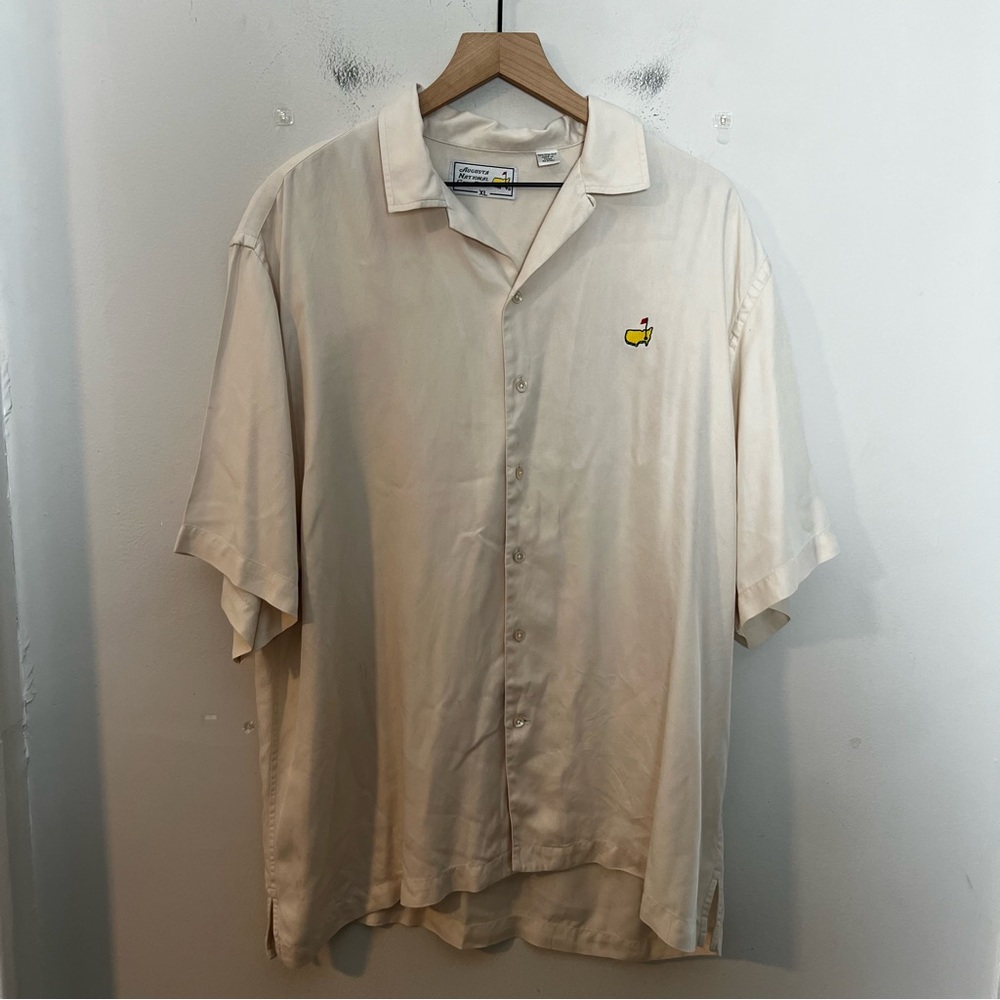 MASTERS- Silk Short Sleeve Button Down Shirt Cream Augusta National Golf Logo